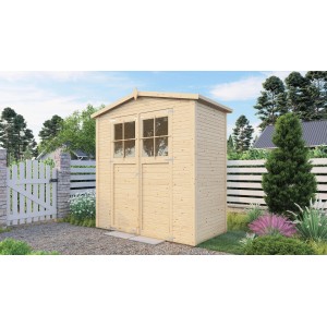 Bertilo Gerätehaus aus Holz mit Doppeltür und Fenster, naturbelassen.