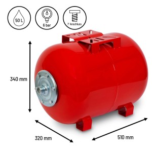 Rotes EBERTH Ausdehnungsgefäß 50L für Druckerhöhungsanlage, 1 Zoll Anschluss.