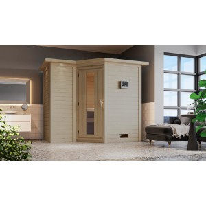 Karibu Sauna Steena 2 aus Fichte mit Ofen, externer Steuerung und LED-Dachkranz.