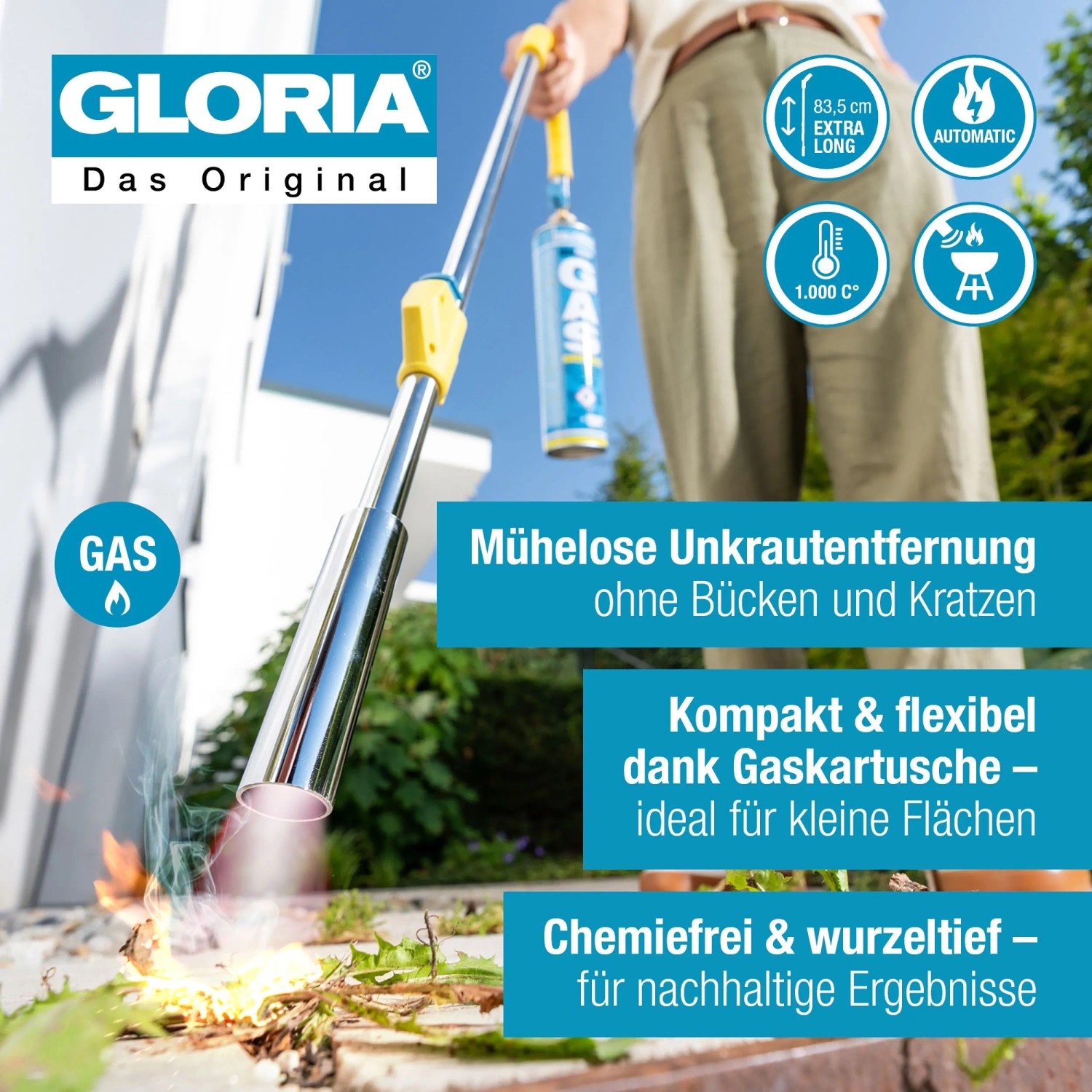 Gloria Thermoflamm bio Classic Plus Unkrautbrenner mit Gaskartusche im Einsatz.