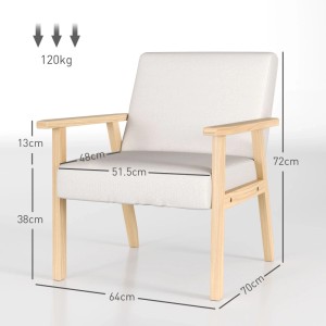 HOMCOM Sessel Leinen Kiefernholzbeine Schaumstoff Cremeweiß 64L x 70B x 72H cm