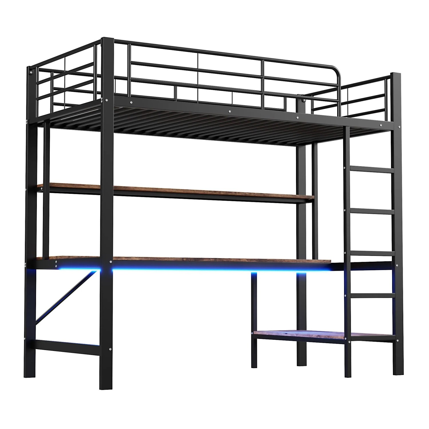 okwish Hochbett 90x200cm mit Schreibtisch und LED Leuchten Schwarz ohne Matratze
