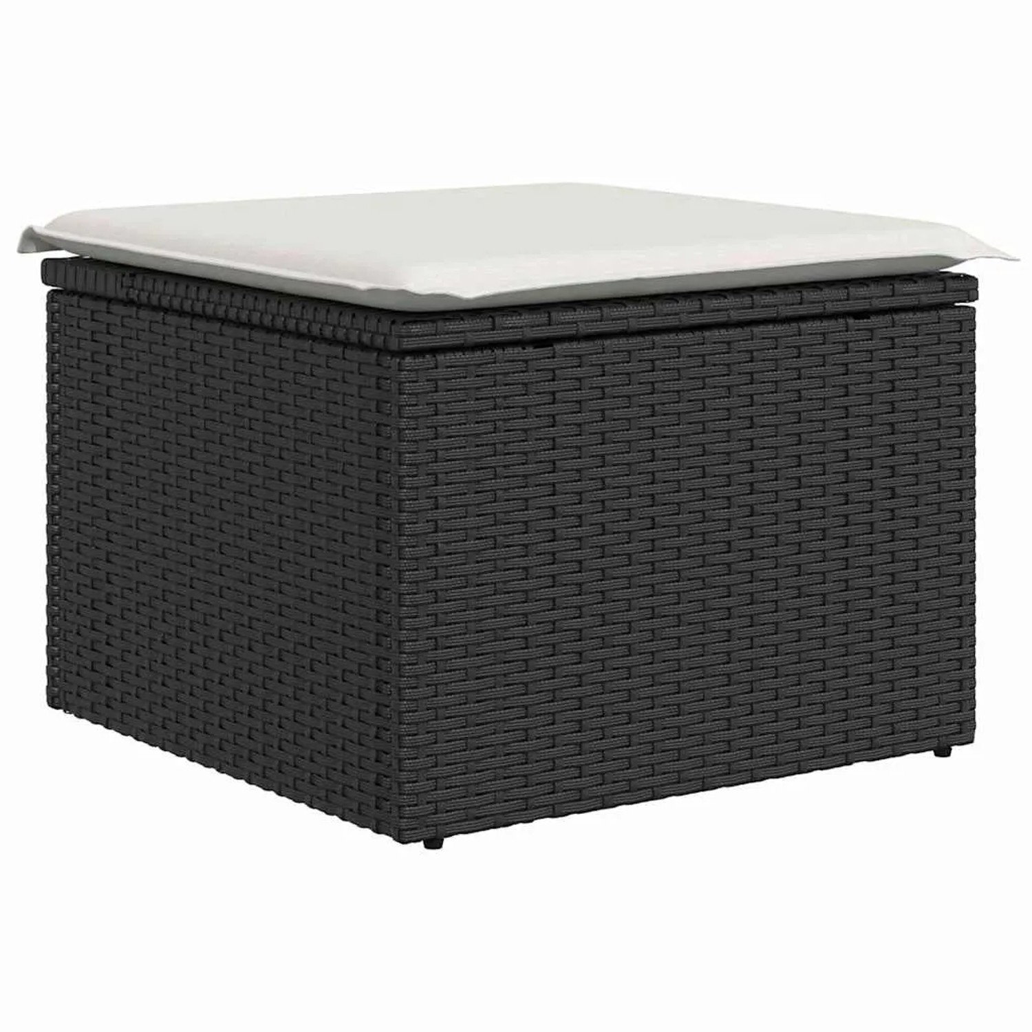 Schwarzer vidaXL Gartenmöbel-Fußhocker aus Poly Rattan mit weißem Kissen und Stauraum.