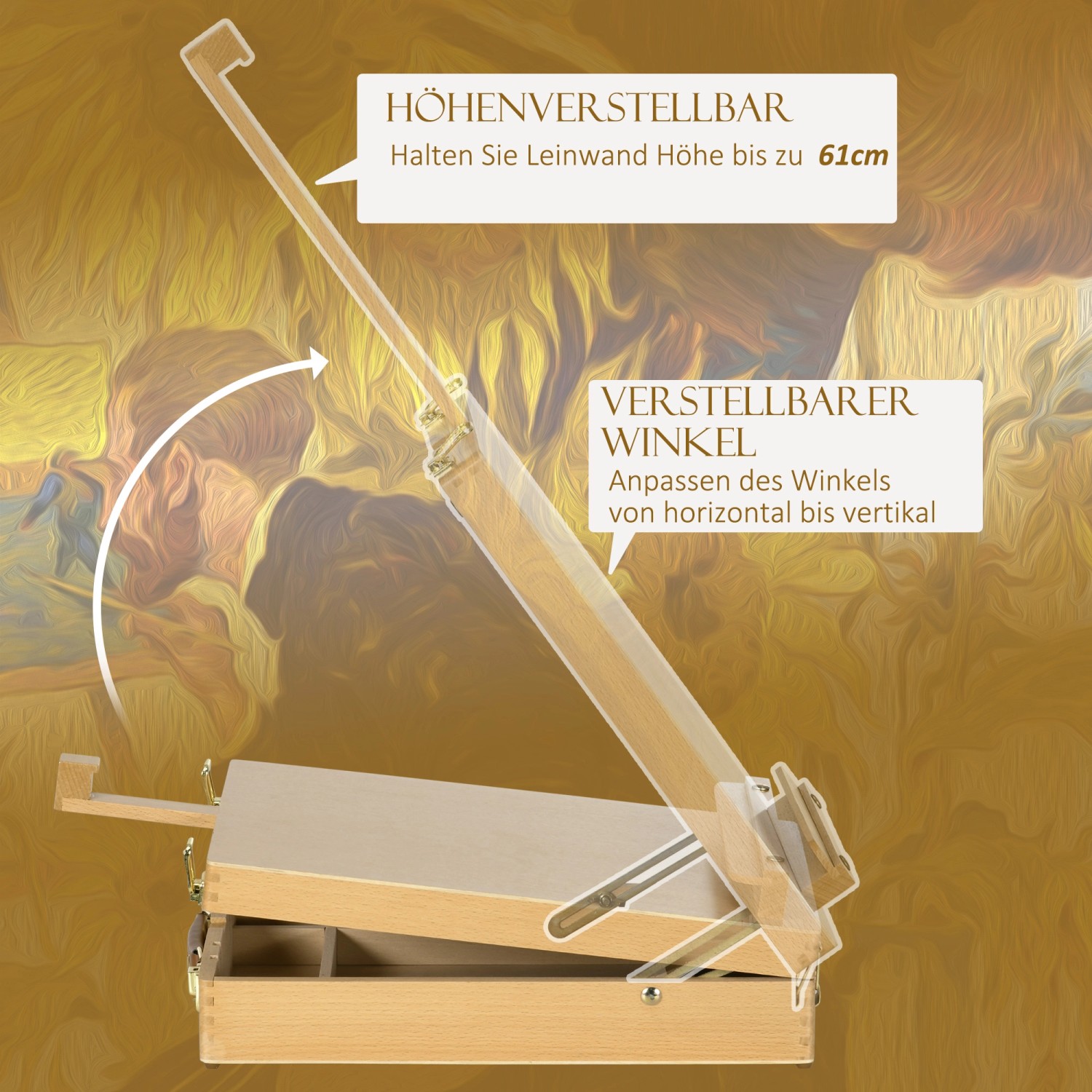 HOMCOM Tischstaffelei aus Buchenholz, winkelverstellbar und faltbar mit Stauraum.