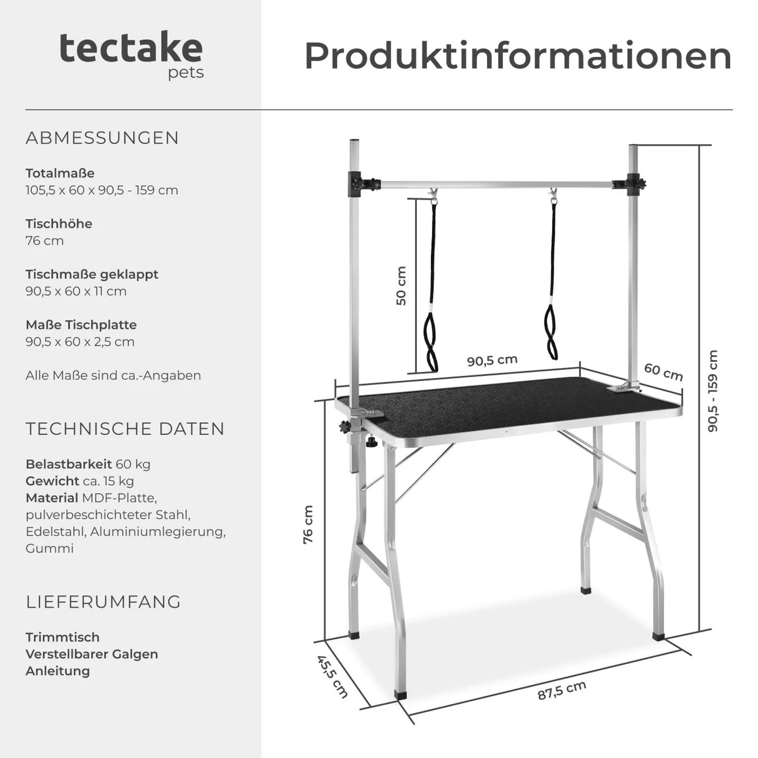 Tectake Trimmtisch mit Galgen und Schlingen, höhenverstellbar, klappbar, schwarz/silber. Ideal für die Hundefellpflege.