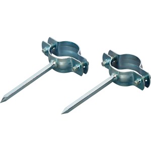 Zwei verzinkte Einschlagrohrschellen (32-35mm) mit Stahlnagel zur Rohrbefestigung.