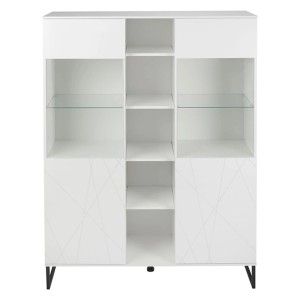 Akai Vitrinenschrank, 2-türig, weiß hochglanz mit Glasböden und Fächern.