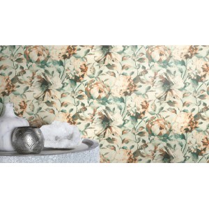 Rasch Vliestapete Florentine III mit Blumenmuster in Weiß, Braun und Grün auf hellem Grund.