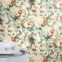 Rasch Vliestapete Florentine III mit Blumenmuster in Weiß, Braun und Grün auf hellem Grund.