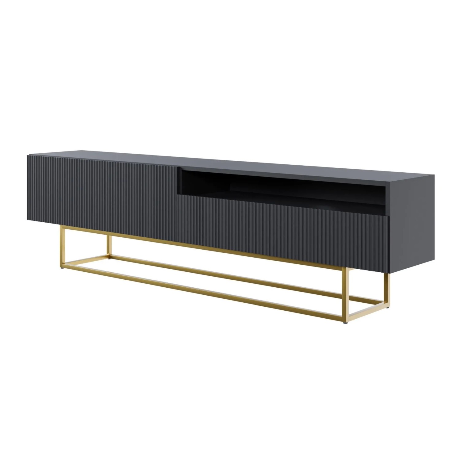 Selsey TV-Lowboard Veldio mit Lamellenfront und Offenem Fach 175 cm Schwarz mit Goldenem Gestell