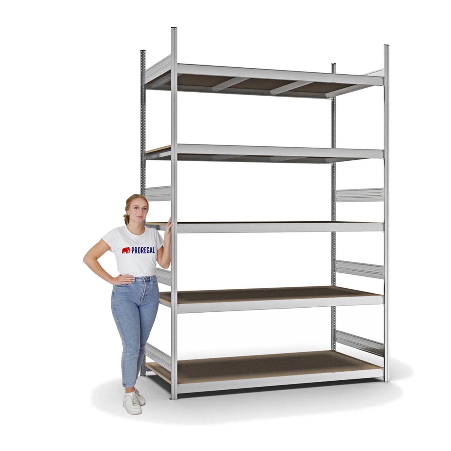 Verzinktes PROREGAL Weitspannregal mit 5 Spanplatten-Ebenen, 300x200x80 cm, Fachlast 350 kg.