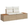 Beiges 8-teiliges Garten-Sofa-Set aus Poly Rattan mit Kissen und Akazienholz-Tischflächen.