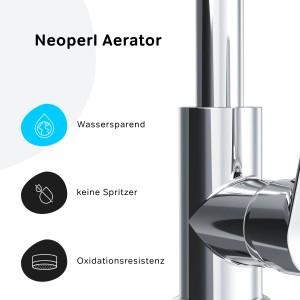 Detailaufnahme: AM.PM Waschtischarmatur mit Neoperl Aerator für Wassereinsparung und Spritzschutz.