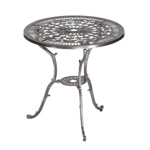 Runder, silberfarbener Merxx Gartentisch Lugano Ø 70 cm mit filigranem Muster.