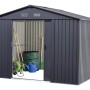 Floraworld Metall-Gerätehaus in Anthrazit, 6,58 m², mit Gartengeräten im Inneren.