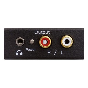 Dynavox Mini-DAC I Rückseite: Kopfhörer-, Cinch-Ausgang (R/L), Power-LED.