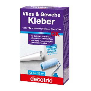 Decotric Kleber für Vlies und Gewebe, 500g Packung mit Farbroller und Tapetenrolle.