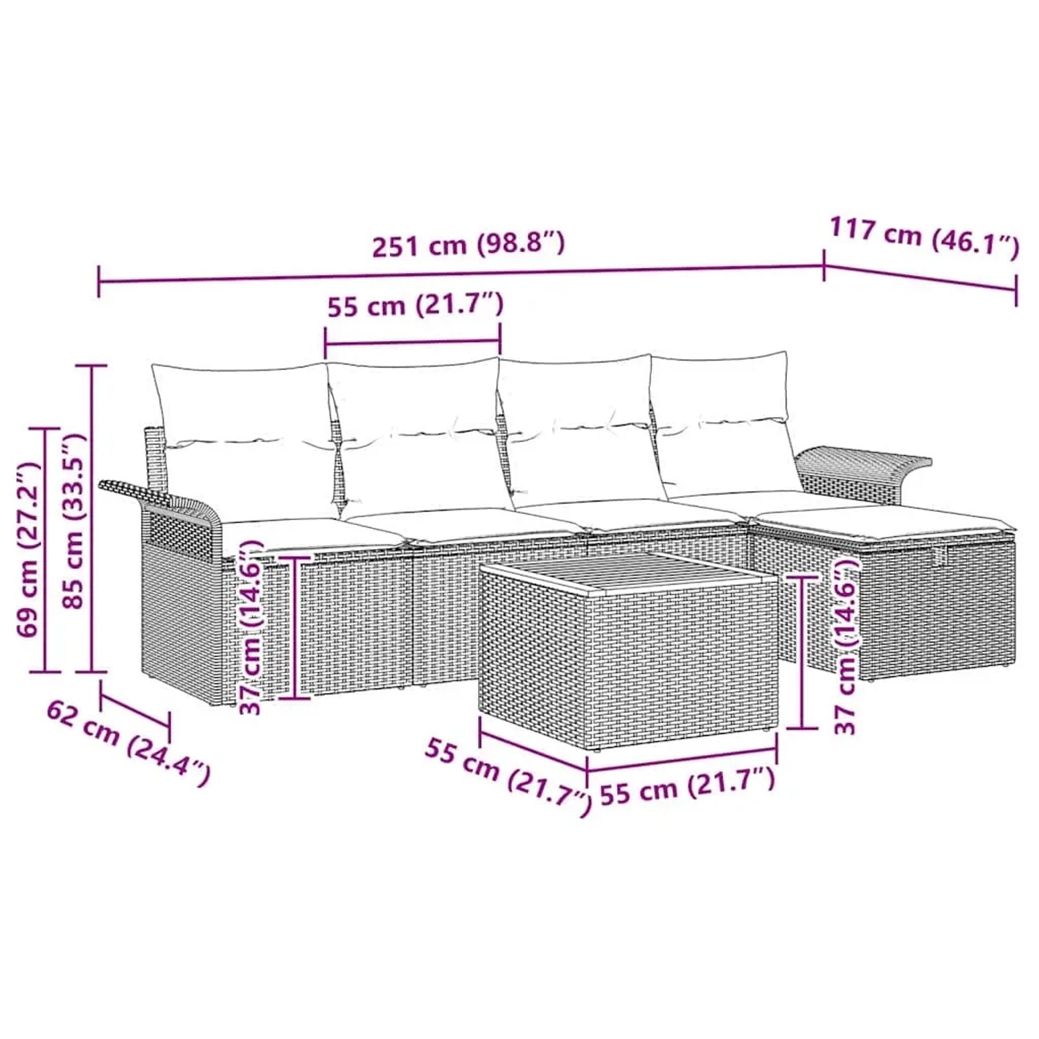 vidaXL Gartenmöbel Set, 6-teilig, schwarz, Poly Rattan, mit Maßen der Einzelteile.