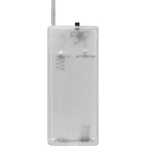 Batteriebox der LED-Lichterkette mit transparentem Kabel und Schalter.