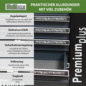TRUTZHOLM Werkstattwagen Premium Plus mit 7 Schubladen, Details zu Kugellager, Verschluss und Auszug.