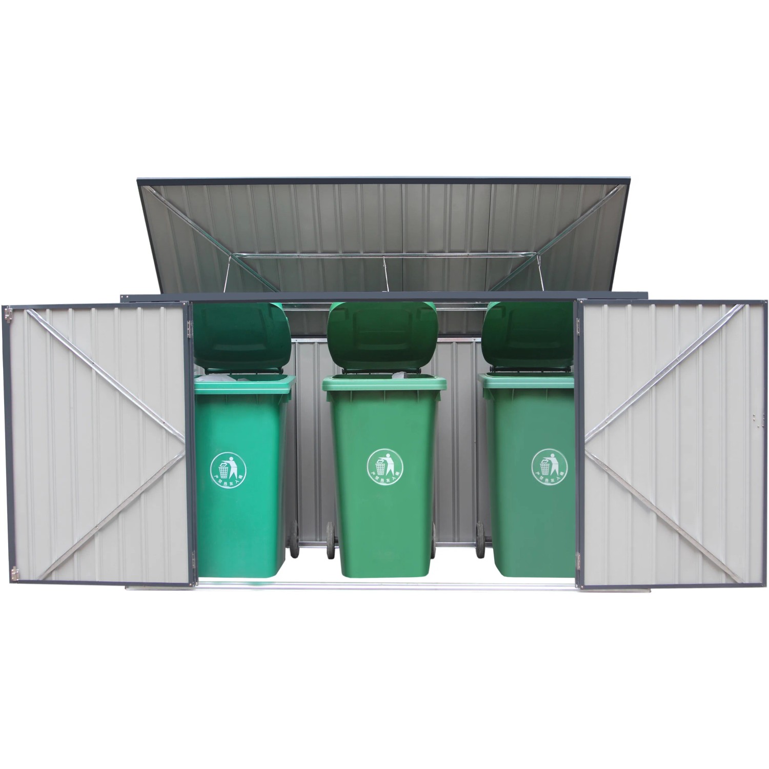 Graue Metall Mülltonnenbox für 3 Tonnen à 240L, mit geöffneten Türen und grünen Tonnen.