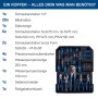 Scheppach Werkzeugkoffer WZT187: Sortierte Schraubendreher, Zangen, Bits und Rollgabelschlüssel des 187-teiligen Werkzeug-Sets.