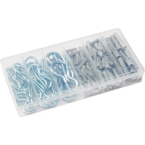 120-teiliges Haken-Set mit Haken, Schrauben und Dübeln in Sortierbox für Verbindungsbeschläge.
