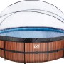 EXIT Wood Pool, Ø 488 cm, braun, mit Abdeckung, Wärmepumpe und Sandfilterpumpe.