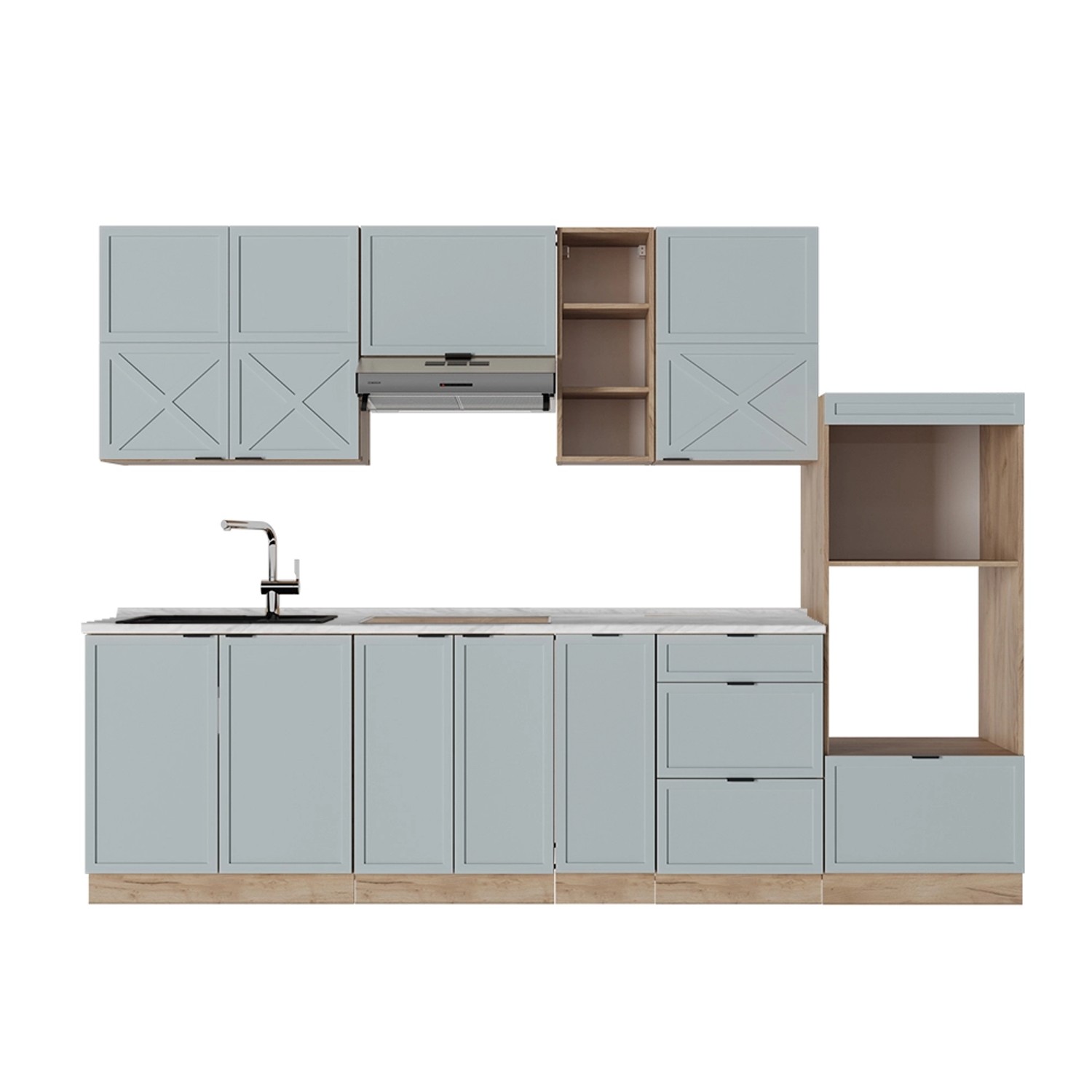 Vicco Fame-Line Küchenzeile Hellblau-grau/Goldkraft Eiche 280 cm ohne Arbei günstig online kaufen