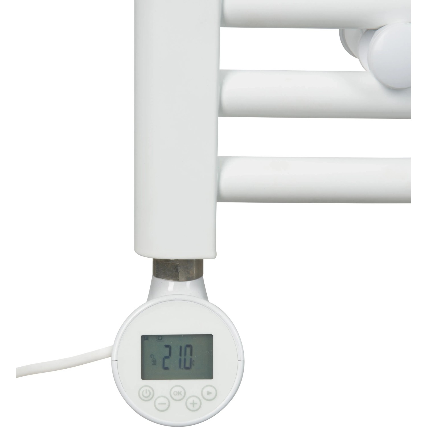 Detailaufnahme: Weißer, elektrischer Badheizkörper Winterberg XXL mit digitalem Thermostat.