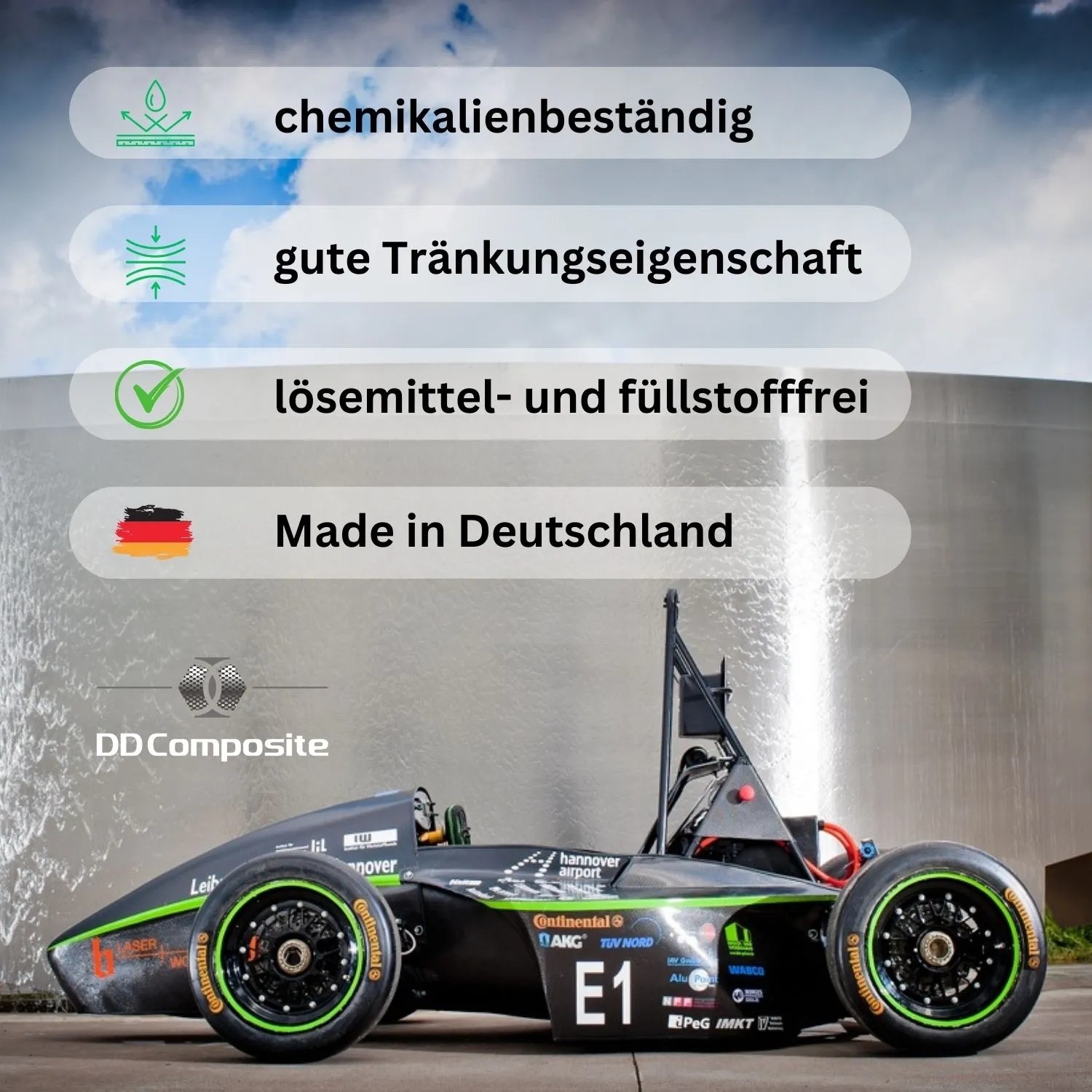 Rennwagen, hergestellt mit DD Composite Epoxidharz, chemikalienbeständig, lösemittel- und füllstofffrei.
