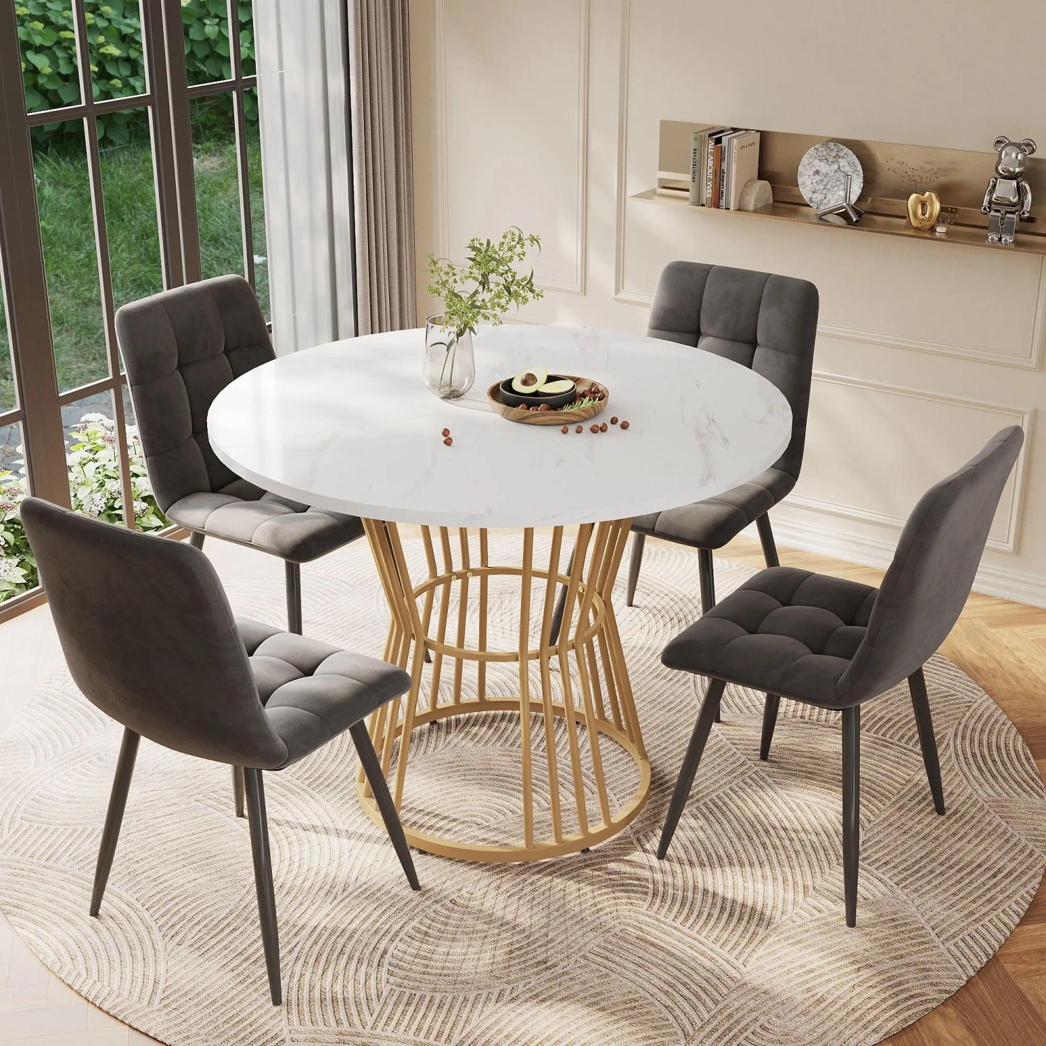Merax Esstisch Set Rund 100cm Gold Dunkelgrau Samt_2