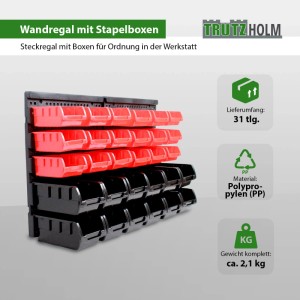 TRUTZHOLM Stapelboxen mit Wandregal, 32-teiliges Kleinteilemagazin mit roten und schwarzen Boxen.