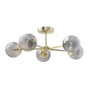 Vente-unique Deckenleuchte Sofia: goldfarbenes Metall, 5 graue Rauchglas-Kugeln, Art Déco Stil, 58.5 cm.