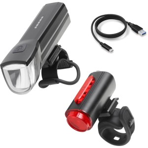 Fischer Akku-LED Fahrradbeleuchtung Set mit Front-, Rücklicht und USB-Kabel.