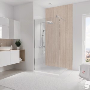 Schulte Duschrückwand DecoDesign Travertin-hell, 255x150cm im Badezimmer.