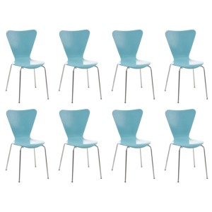 Acht hellblaue Calisto Konferenzstühle mit ergonomischer Holzschale und glänzendem Chromgestell. Stapelbare Esszimmerstühle.