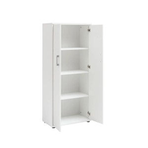 Weißer PROREGAL Aktenschrank Tiger mit 4 Fächern und 2 Flügeltüren, teilweise geöffnet.