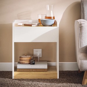 SoBuy Nachttisch FBT128-WN, weiß/Holzoptik, mit Schublade & 2 Fächern, als Beistelltisch neben Sessel.