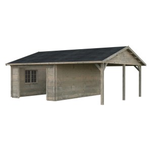 Palmako Garage Roger, tauchgrundiert grau, mit Carport und Fenster. Fertiggarage aus Holz.