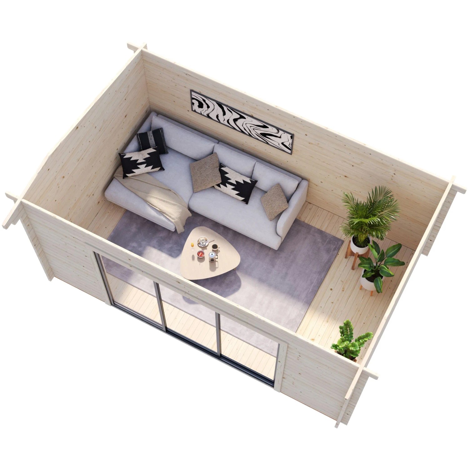 Innenansicht Palmako Gartenhaus Ines Slide Plus: Wohnzimmer mit Schiebetür und Pflanzen.