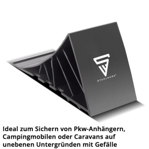 Schwarzer STAHLWERK Unterlegkeil aus HDPE-Kunststoff mit griffigem Profil für Anhänger und Wohnmobile.