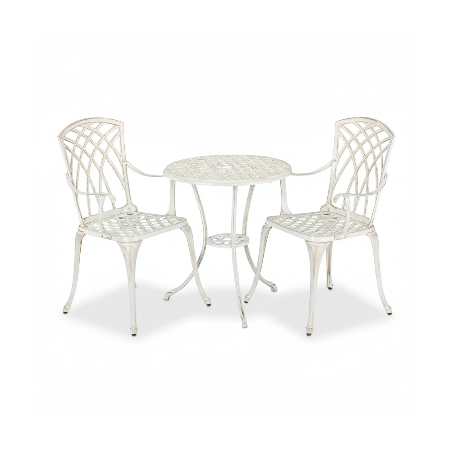 Relaxdays Gartenmöbel Set Aluminiumguss Weiß Bronze Dreiteilig mit Schirmloch 67 cm x 60 cm 89 cm x 52 cm x 50 cm