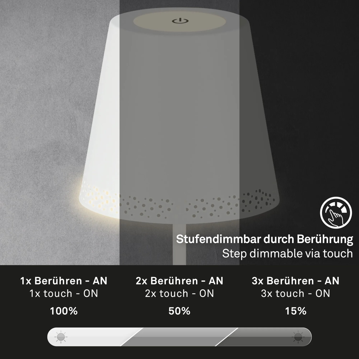 Weiße Brilo Akku Stehleuchte Kiki, höhenverstellbar und dimmbar per Touch.