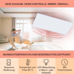 Klarstein Infrarotheizung mit Beleuchtung, weißes Deckenpanel im Wohnraum.
