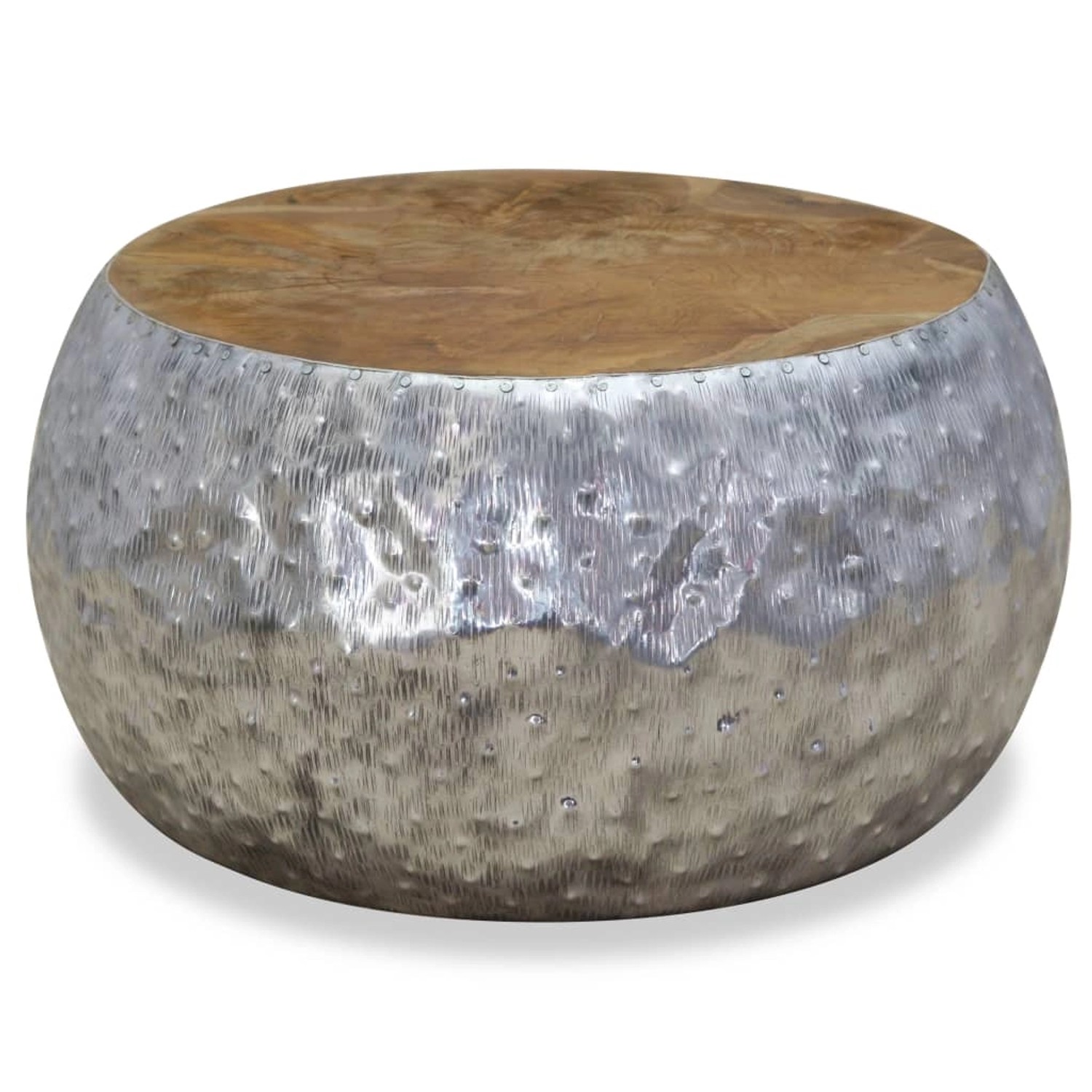 Runder Couchtisch vidaXL aus Aluminium und Teakholz, 60x60x30 cm.
