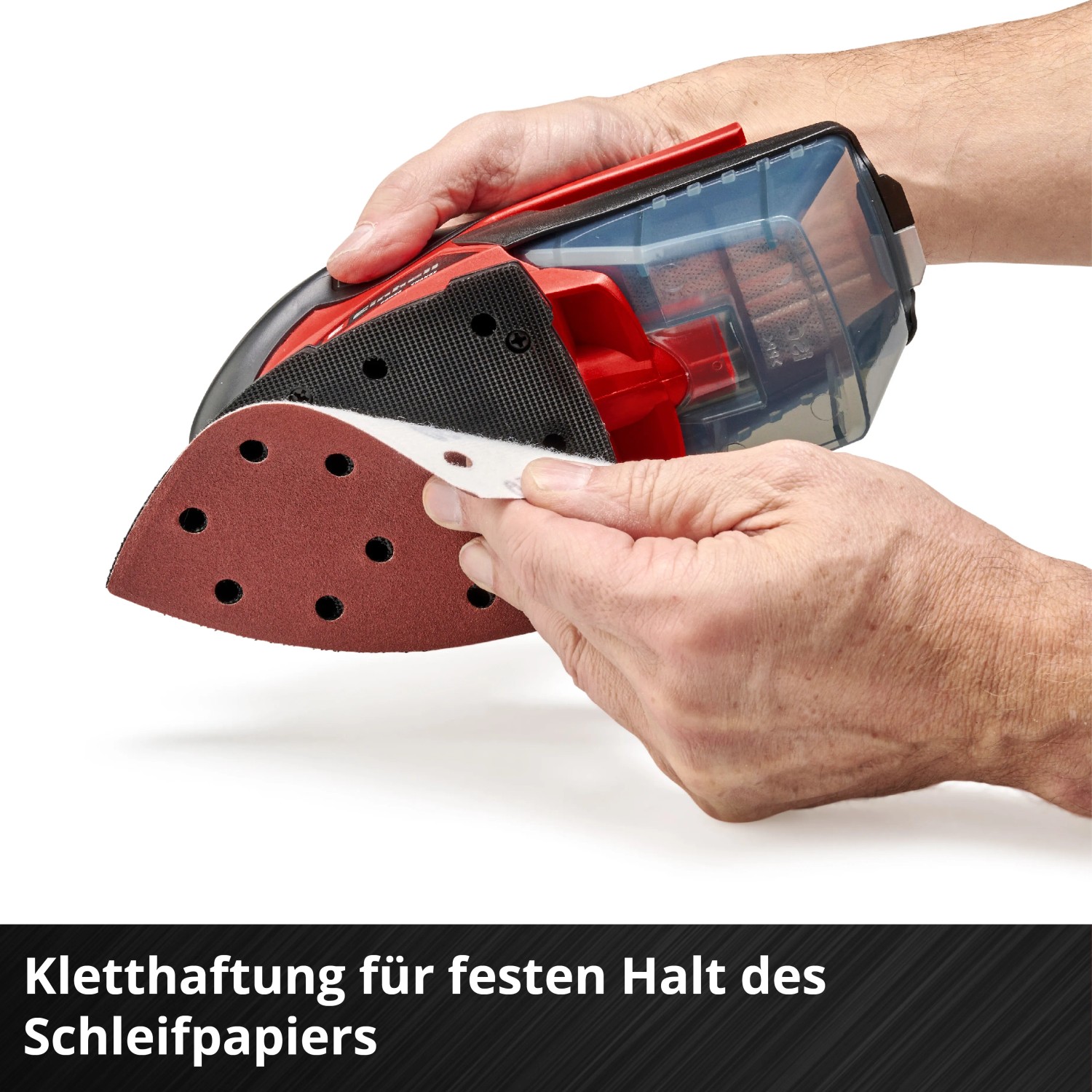 Einhell Akku-Multischleifer TE-OS 18/150 Solo mit Schleifpapier wird von Hand bestückt.