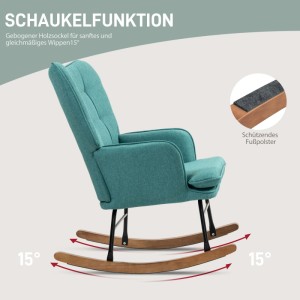 Gepolsterter HOMCOM Schaukelstuhl in Türkis mit Holzsockel. Zeigt Schaukelfunktion, 15° Wippen und Schutzpolster.