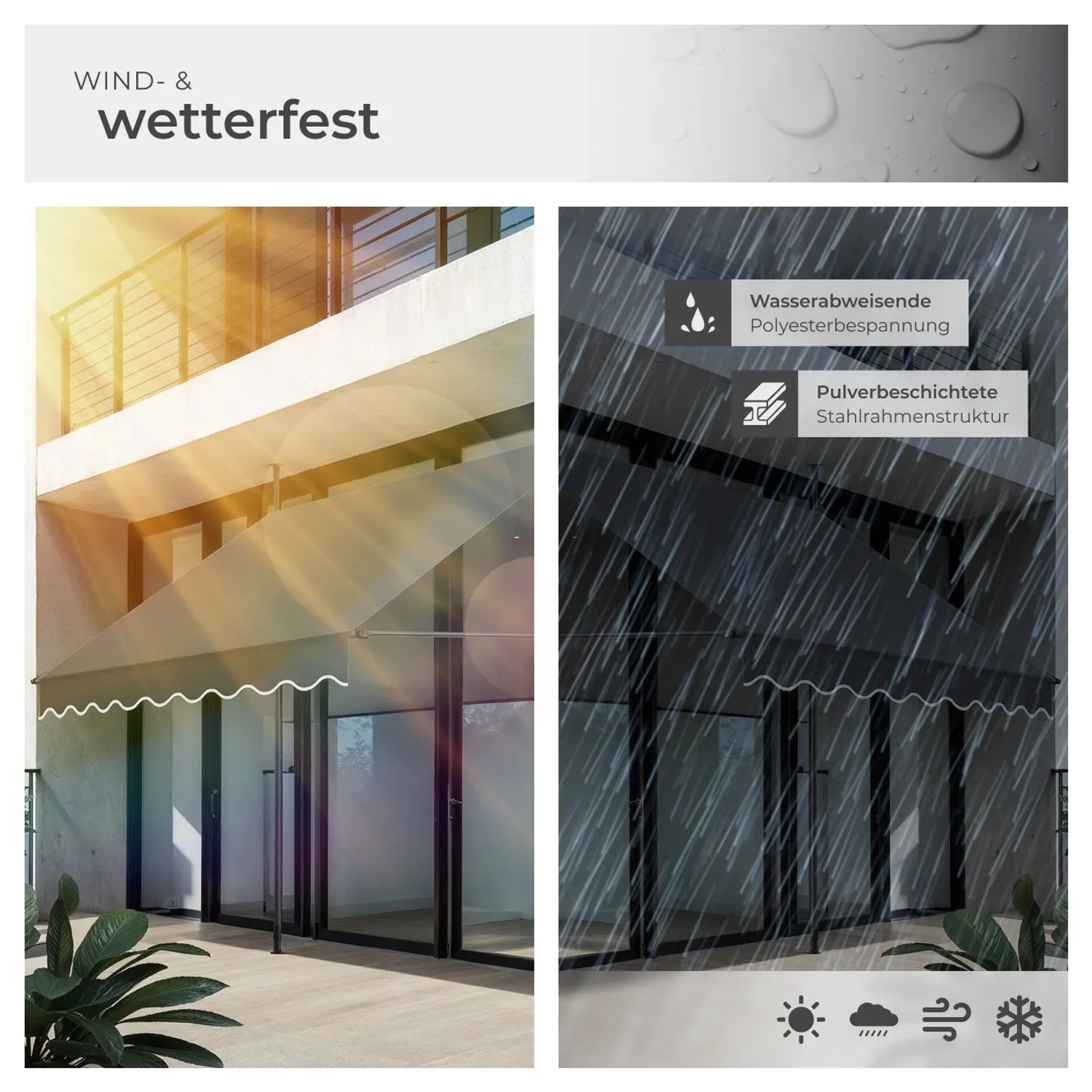 Schwarz-graue Tectake Klemmmarkise als Sonnenschutz und Regenschutz. Wetterfest, UV-beständig, mit wasserabweisender Polyesterbespannung.