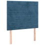 Boxspringbett vidaXL, dunkelblaues Samt-Kopfteil mit horizontalen Ziernähten und Holzfüßen.
